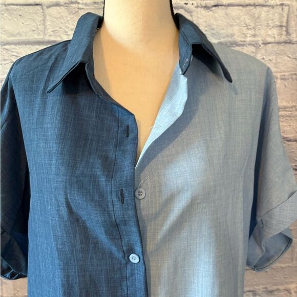 SHEIN Two-Tone Blue Button Down Shirt - Picture 2 of 5
